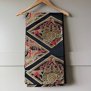 Vintage Japanese Fukuro Obi Silk Black Gold Brocade Kiri Floral Sash 162x12‎
